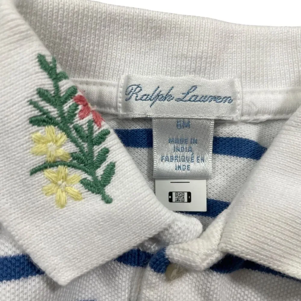 Ralph Lauren Infants 6‎ Month Romper Blue White Strip Embroidered Flowers